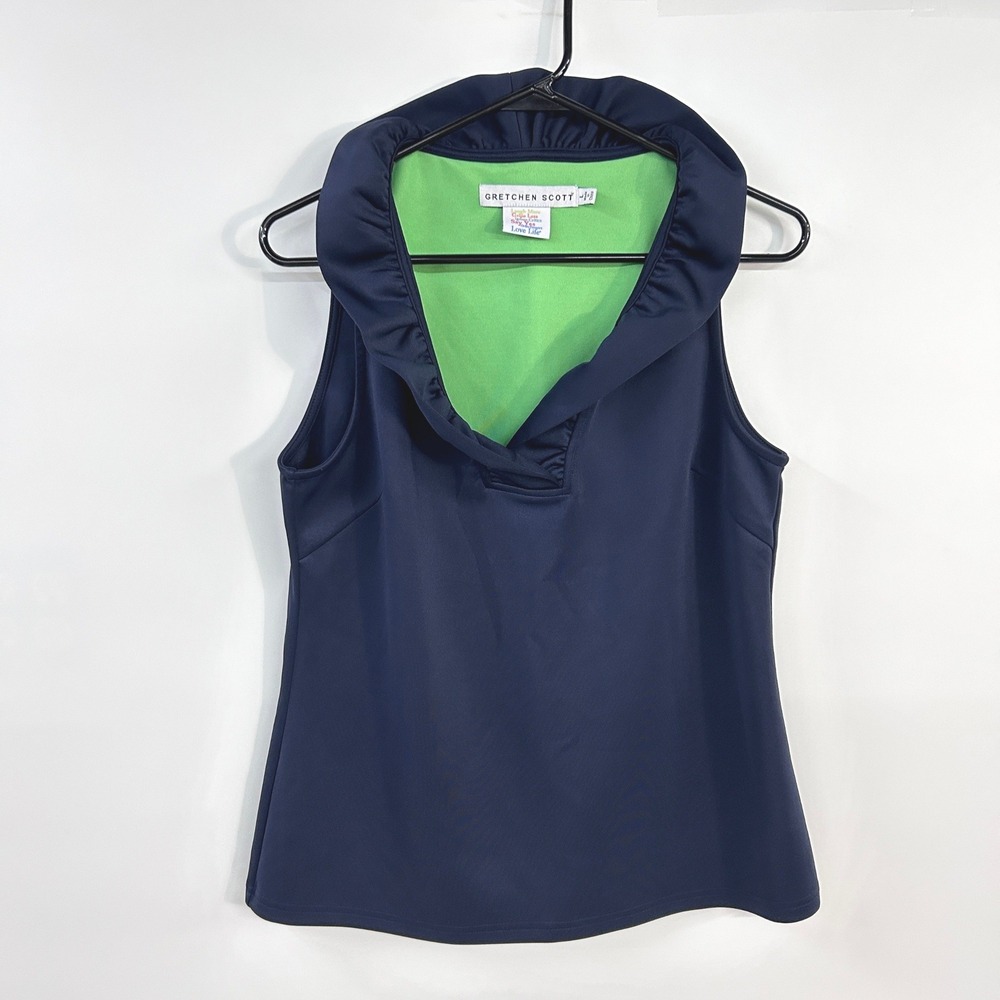 Gretchen Scott Ruffneck Top Large Navy Green Sleeveless Jersey Preppy Resort